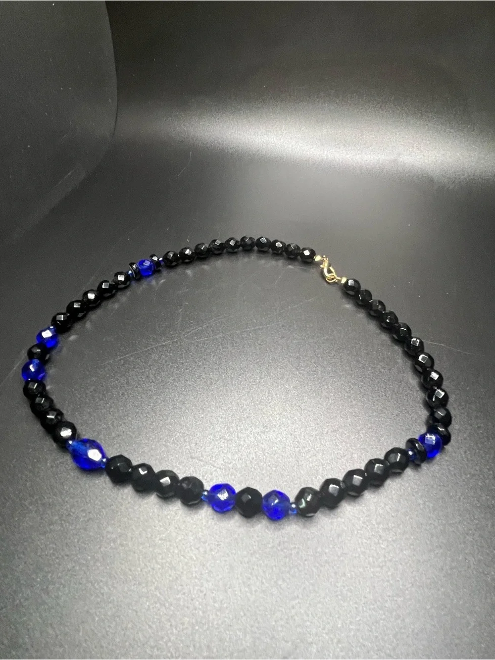 Vintage Cobalt Blue and Black Faceted Glass Bead Necklace Art Deco Style